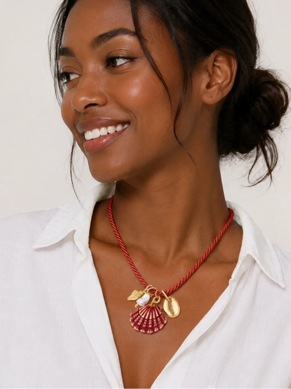 New! Coastal Red Cord Shell Pearl Charm Necklace NWOT 5002